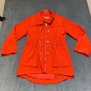 New York & Company Anorak Jacket Womens Large Red Lined Hooded Roll Tab Sleeve